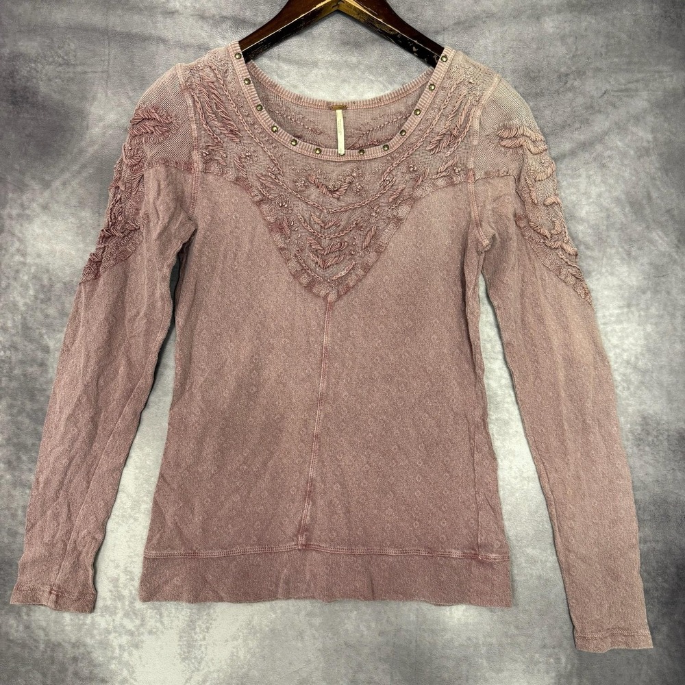 Y2K Free People Sweater Women Size Small‎ Embroidered Studded Boho Pullover